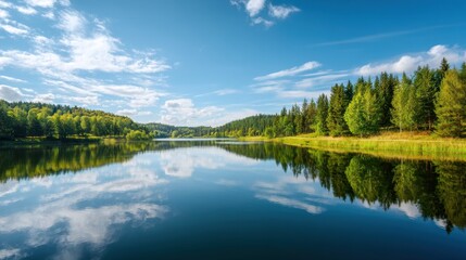 Calm lake reflecting green forest and blue sky. Scenic nature landscape with perfect mirror surface. Summer outdoor tranquility concept.