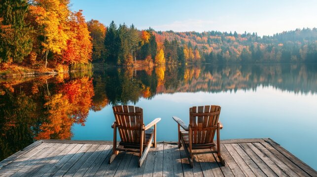 Two empty adirondack chair on a wooden dock overlooking a lake with vibrant autumn forest on the shore. Tranquil fall landscape for relaxation.