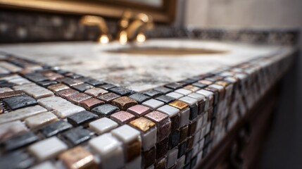 A detail of mosaic tiling above bathroom vanity, tiny tile placement process in progress, macro perspective, texture focus