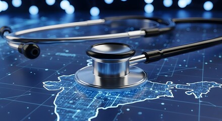 A stethoscope lying on a digital map of india with a bokeh background in blue and white tones