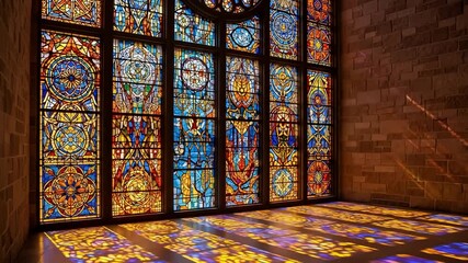 Stained glass windows refract colored light into a room with a stone wall - Powered by Adobe
