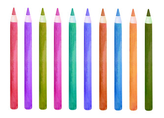Colored pencils in rainbow colors set. art supply watercolor illustrations set isolated on white transparent background, clip art and cut out element design