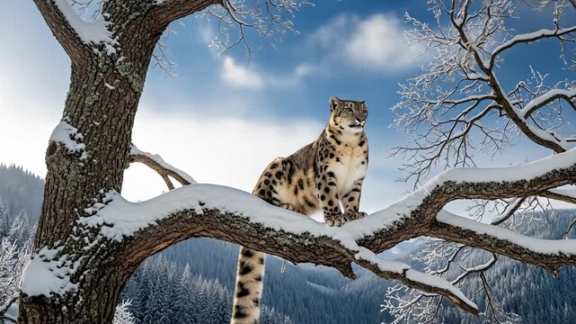 Snow leopard perched on a snow-covered tree branch against a wintry mountain scene