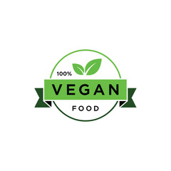 Vegan food label with leaves in a circle and green ribbon banner on transparent background