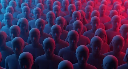 Obraz premium Abstract crowd of figures illuminated in red and blue light creating a dense and uniform pattern
