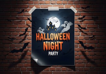 Spooky halloween night party poster with ghosts and haunted house on brick wall