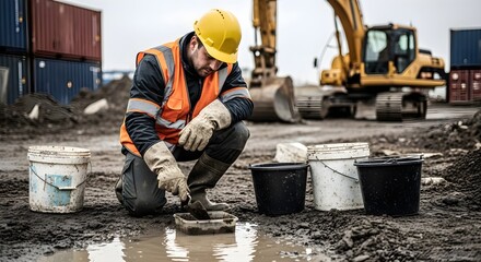 Construction Worker Inspecting on a Muddy Construction Site with Heavy Equipment