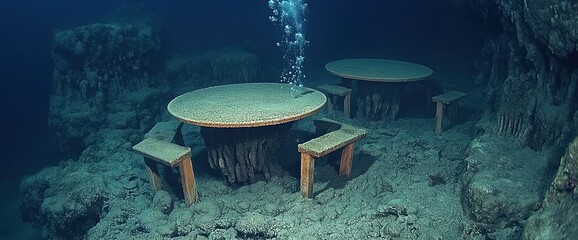 Underwater tables and benches sit on the ocean floor near rock formations.  Bubbles rise from below