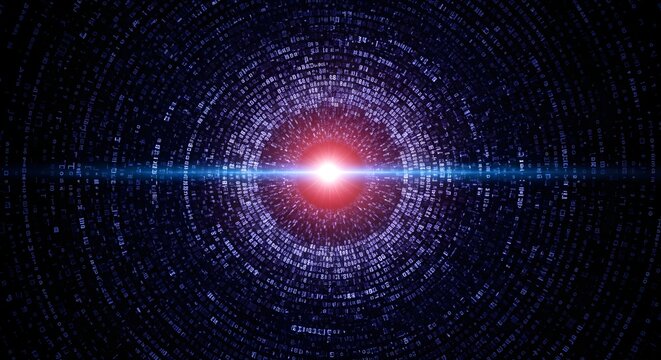 Abstract digital tunnel with glowing center and blue light streak and binary code pattern design
