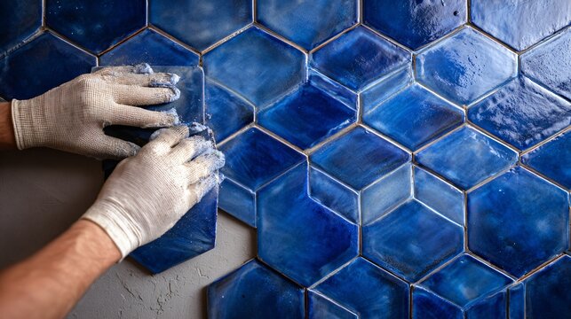 A hexagonal navy blue tiles being applied on wall, modern renovation concept, hands with gloves and adhesive, flat lay perspective