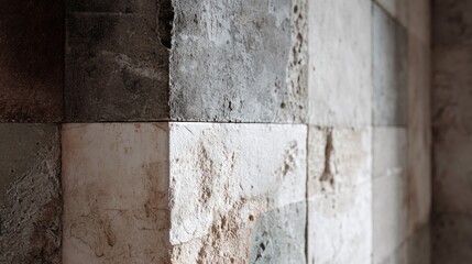 A raw and unfinished concrete walls with partial tile coverage, industrial renovation theme, muted color palette, depth of shadows