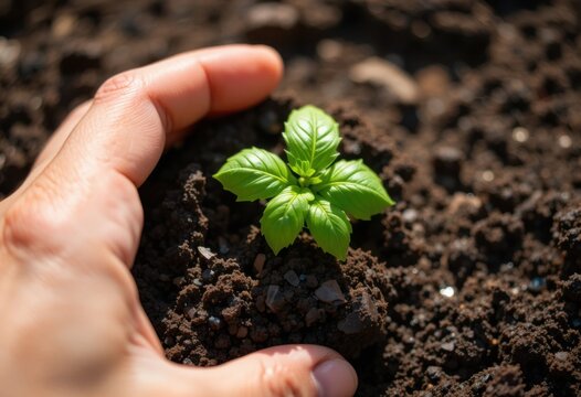 Mano de un jardinero plantando peque&ntilde;os brotes de albahaca en tierra oscura y h&uacute;meda bajo la c&aacute;lida luz del sol natural
