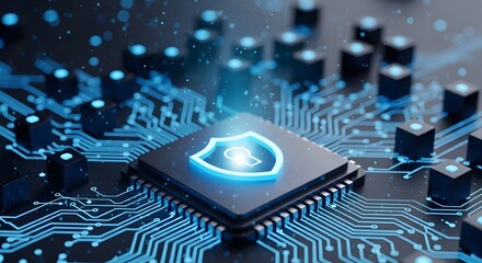 Close up of a glowing shield icon on a microchip surrounded by circuit board and small cubes dark background
