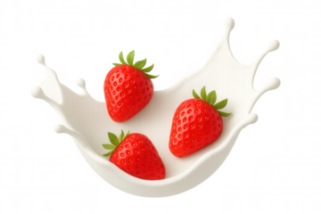 Fresh strawberries falling into splashing milk, creating vibrant red droplets against transparent background