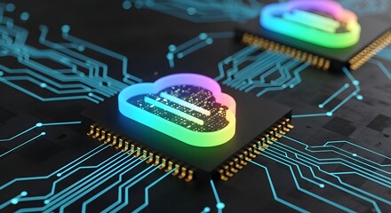 Close up shot of rainbow colored cloud symbol on a chip with circuit board background design