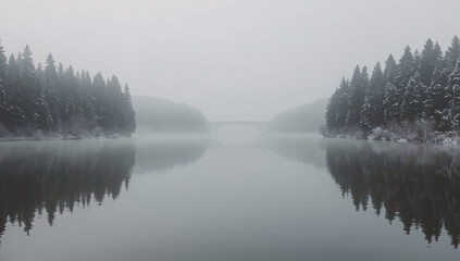 A calm, foggy winter scene shows a lake reflecting snow-covered evergreen trees on both banks