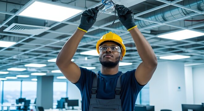 Professional Electrician Repairing Wiring in Commercial Office Ceiling