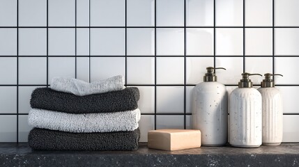 A white square tiles with black grout in progress, modern classic style, soft styling with towels and soap, elevated editorial