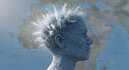 Digital head disintegrating into particles against a world map background in profile view