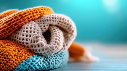Soft, cozy knitted textile in orange, cream, and teal. Folded on a blue surface
