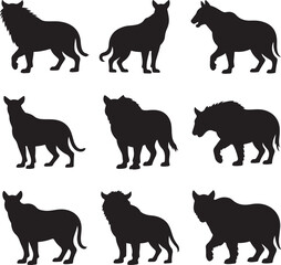 Collection of nine black hyena silhouettes in various poses animal wildlife