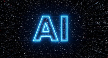 Glowing ai letters with circuit board pattern against a background of light streaks and dots