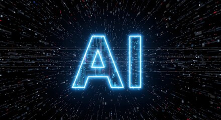Glowing ai letters with circuit board texture on a black background with digital data streams around