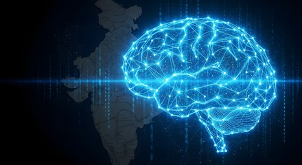 Glowing brain illustration with connected dots and lines over a map and binary code background