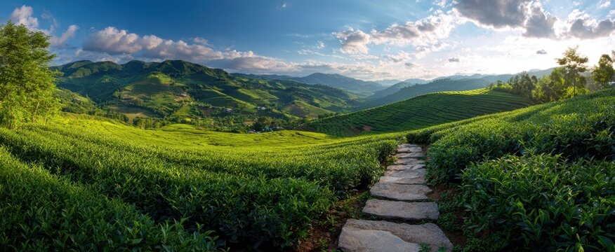 The tea plantation with stone path leading through lush rolling green hills at sunrise - Powered by Adobe