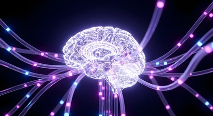 Glowing brain with circuit patterns connected to light emitting cables on a dark background artifical