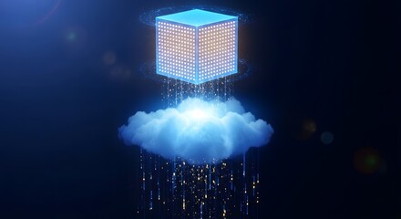 Glowing cube above a cloud with light streaks on a dark blue background in a digital illustration