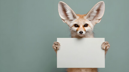 Obraz premium fennec fox holding blank sign green background