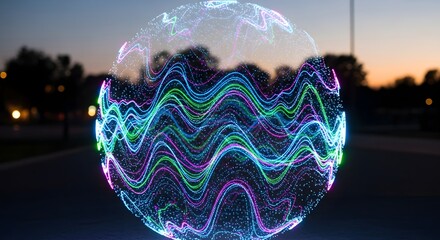 Glowing orb with wavy neon lines and a dotted pattern against a twilight sky and blurred trees