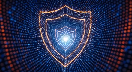 Glowing shield shapes receding into a blue and orange dotted digital background tunnel effect