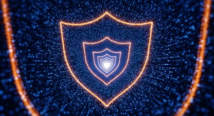 Glowing shield tunnel with blue digital background and orange outlines creating a sense of security