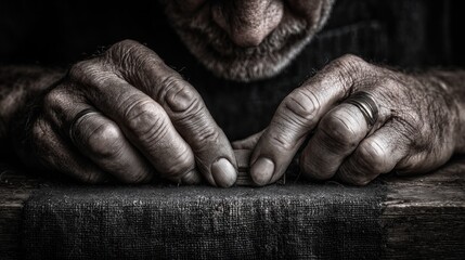 Worn Hands Sculpting a Dark Wood Piece: Evoking the Passage of Time