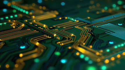 Premium close-up circuit board gold traces on emerald green substrate with soft blue LED accent and shallow depth of field