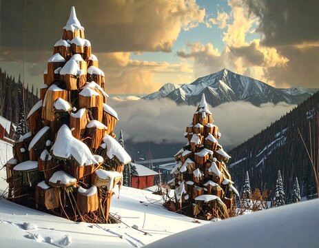 Snowy mountain landscape with stacked wood trees