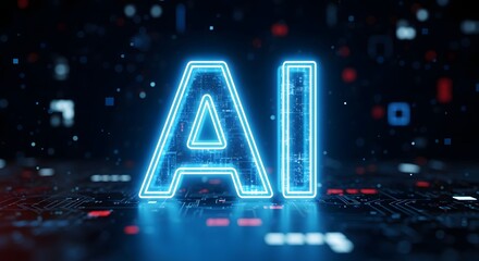 Illuminated ai text with blue glow on a dark background with circuit board patterns and reflections