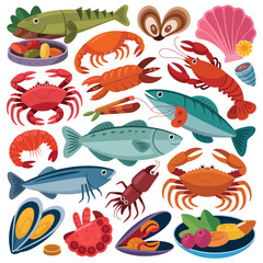 Fototapeta premium Assortment of colorful seafood illustrations including fish and crustaceans crab lobster