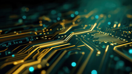 Premium close-up circuit board gold traces on emerald green substrate with soft blue LED accent and shallow depth of field