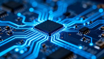 Illuminated Microchip and Circuit Board Close-Up