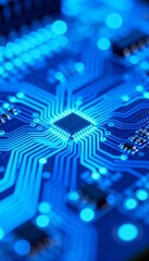 Close-up of illuminated microchip on circuit board