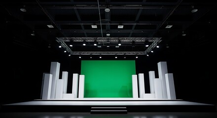 Modern stage setup with green screen, white geometric shapes, and overhead lighting rig