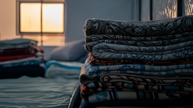 Stacked blankets sit on bed with soft window light filtering in