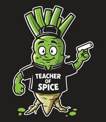 Teacher of Spice – Wasabi Mascot Teacher with Chalk, Funny Food Pun Vector on Black