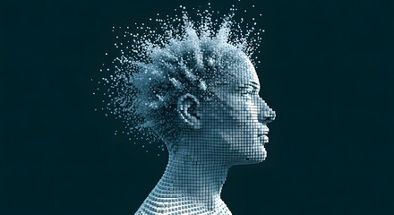 Side view of a head made of cubes disintegrating into smaller cubes on a dark background