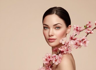 Fototapeta premium Beautiful woman with pink flowers on a beige background, a skin care concept.