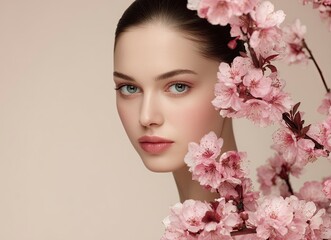 Fototapeta premium Beautiful woman with pink flowers on a beige background, a skin care concept.