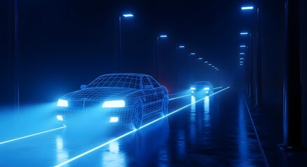 Two cars driving on a dark road with street lights and a blue wireframe aesthetic rendering style